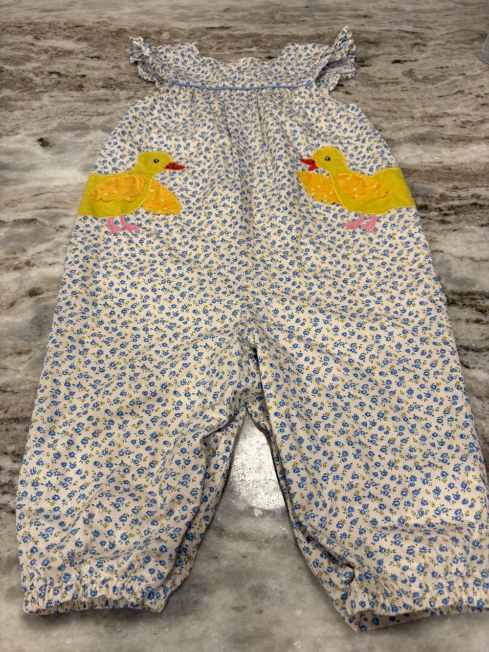 Baby Boden Blue Floral Romper with Yellow Duck Appliqués